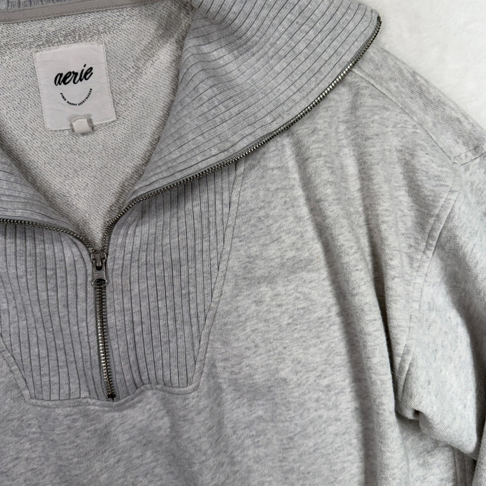 aerie L Down To Earth Quarter Zip Sweatshirt Overisized Gray Relaxed Fit Cozy - Picture 5 of 14
